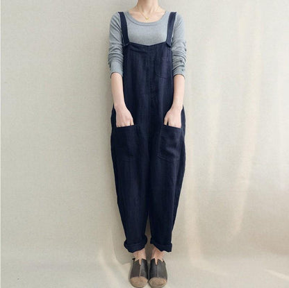 Women Plus Sizes Leisure Linen Rompers-STYLEGOING