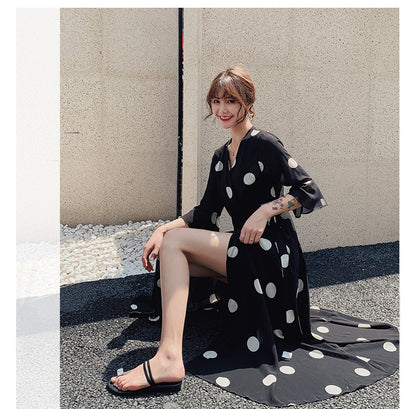 Black Dot Chiffon Summer Women Long Dress