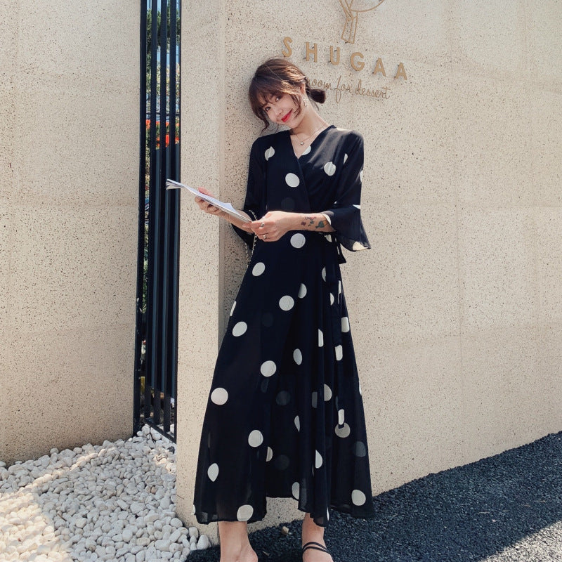 Black Dot Chiffon Summer Women Long Dress