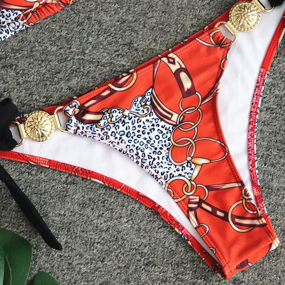 Orange Floral Metal Design Beach Halter Bikini-STYLEGOING