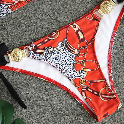 Orange Floral Metal Design Beach Halter Bikini-STYLEGOING