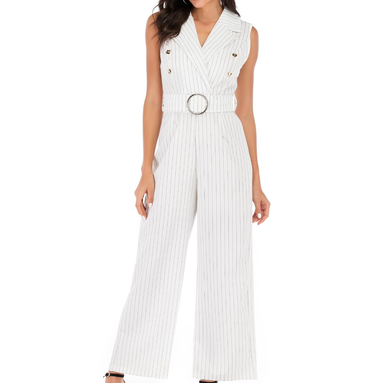 White Sleeveless Blazer Summer Jumpsuits with Belt