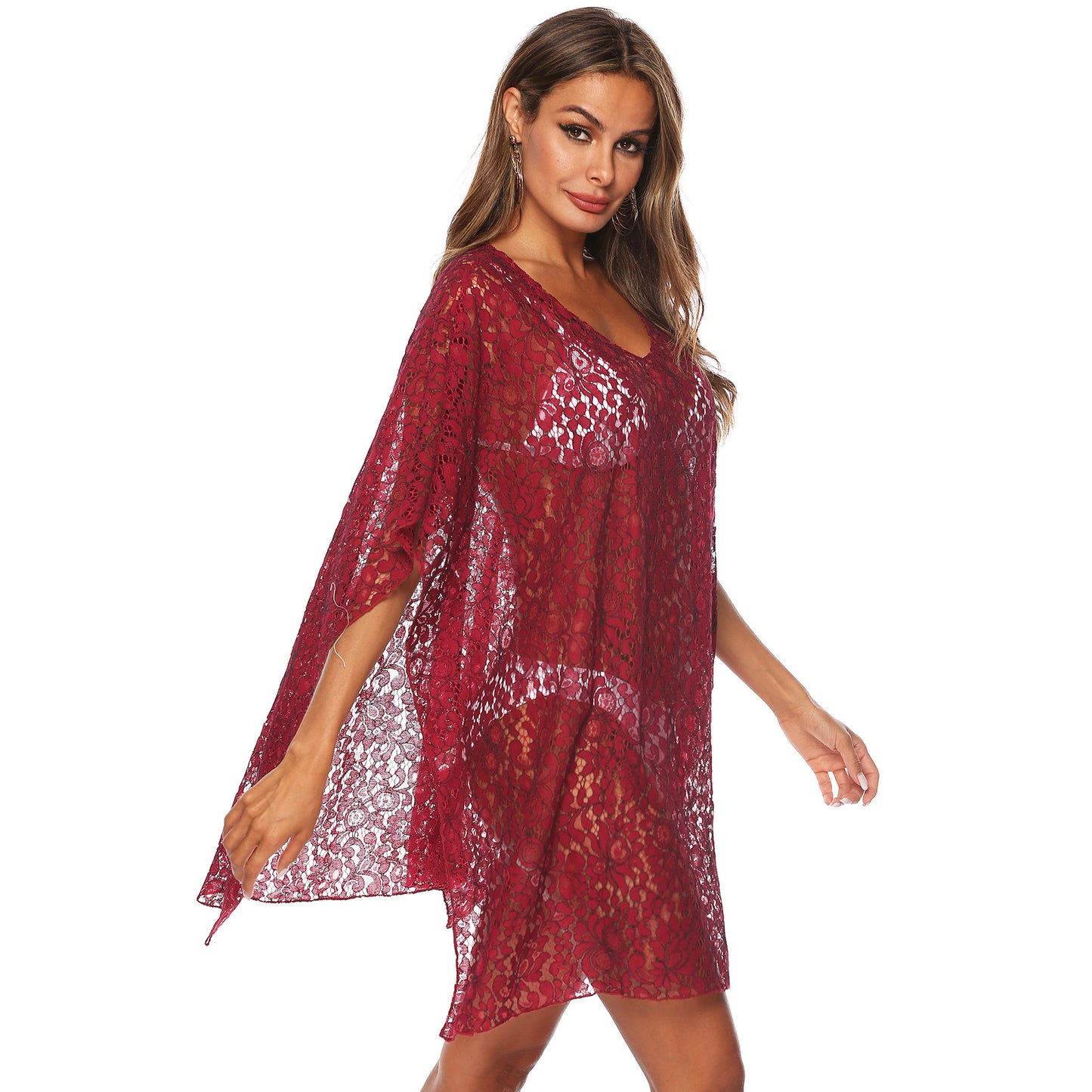 Wine Red Lace See Through Summer Beach Cover Ups