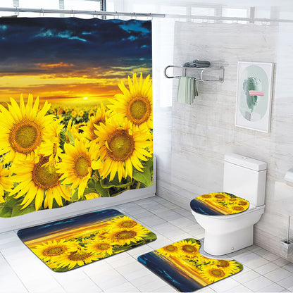 3D Sunflower Shower Curtain Set Bathroom Rug Bath Mat Non-Slip Toilet Lid Cover