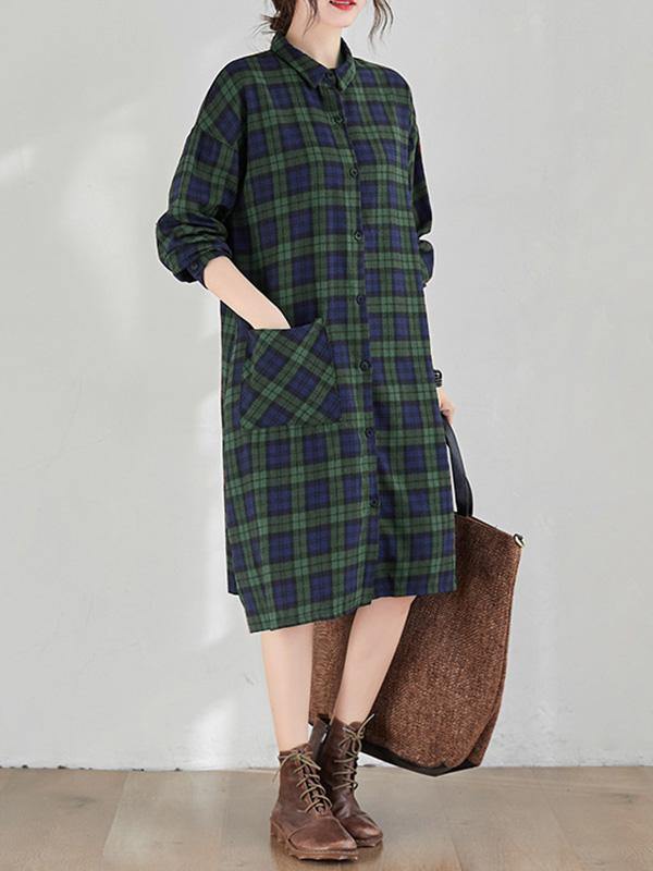 Original Plaid Lapel Shirt Dress-STYLEGOING