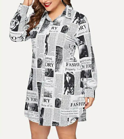 Women Newspaper Print Plus Sizes Short Shirt Dresses-Black-XL-Free Shipping at meselling99