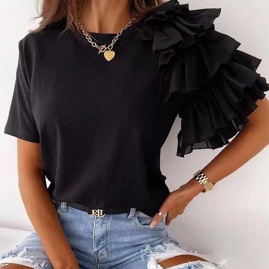 Casual Ruffled Design Women Short Sleeves T Shirts