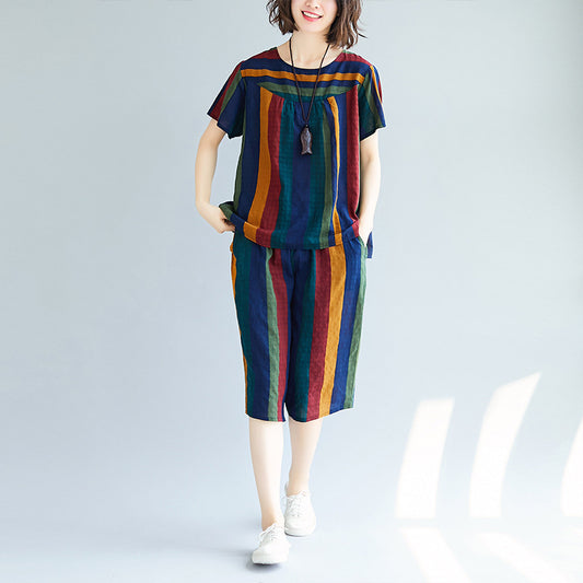 Summer Casual Striped Linen Top Blouses and Short Pants Sets
