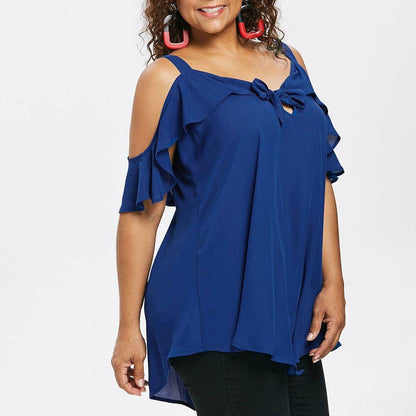 Bowknot Chiffon Plus Sizes Short Sleeves Shirts-STYLEGOING