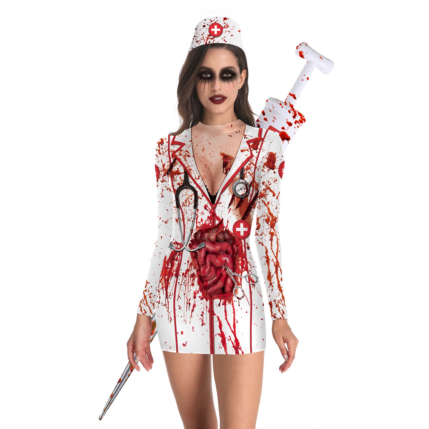 Halloween Nurse Zombie Long Sleeves Dresses Costume
