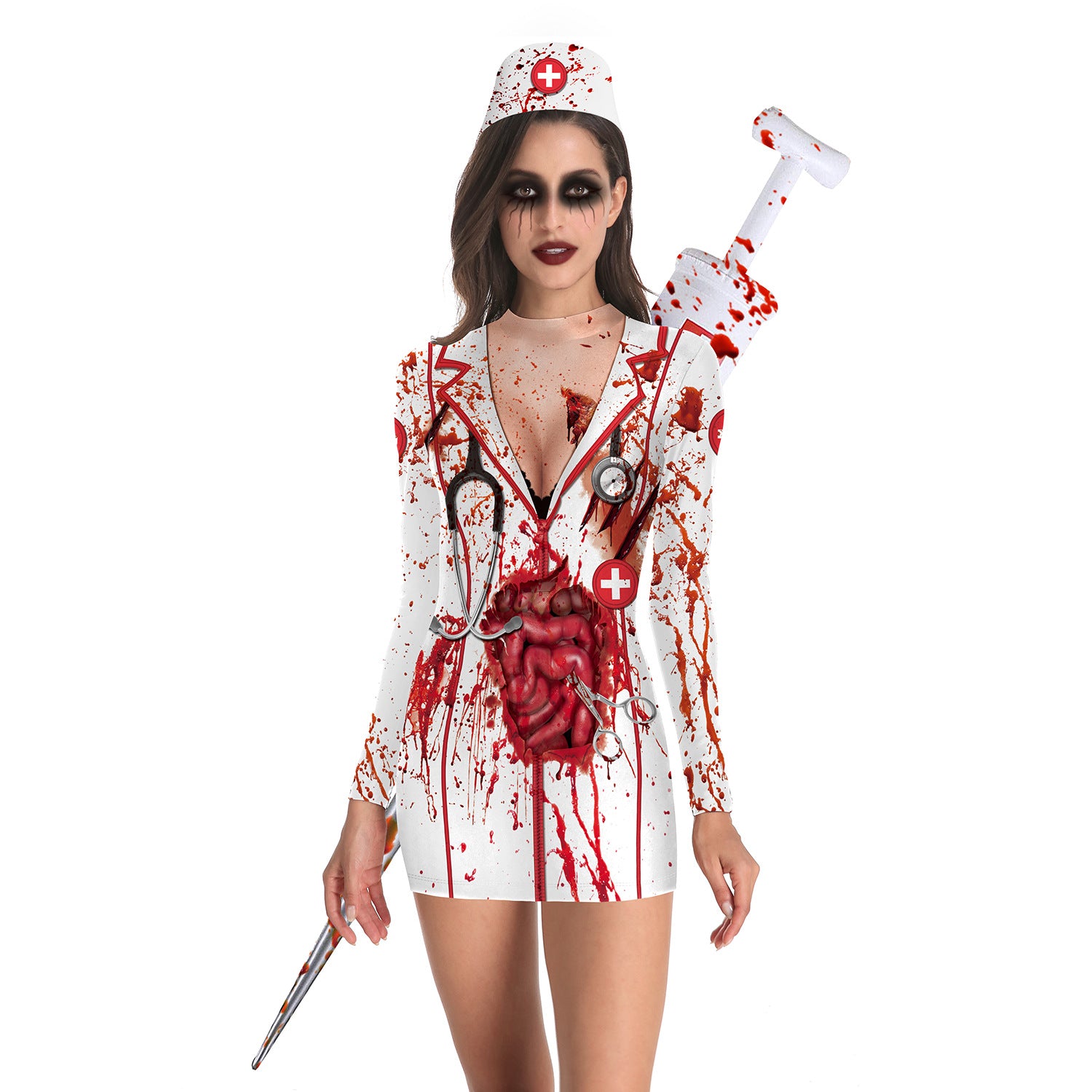 Halloween Nurse Zombie Long Sleeves Dresses Costume