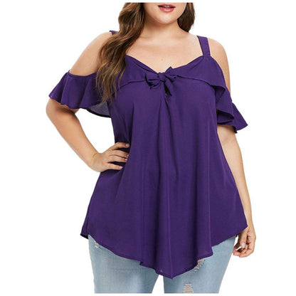 Bowknot Chiffon Plus Sizes Short Sleeves Shirts-STYLEGOING