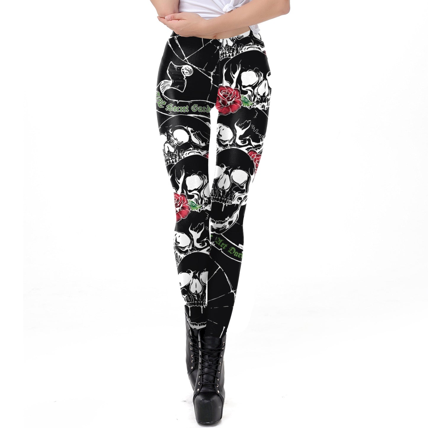 Halloween Pumpkin/Human Skeleton Print Elastic Leggings