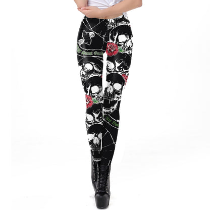 Halloween Pumpkin/Human Skeleton Print Elastic Leggings
