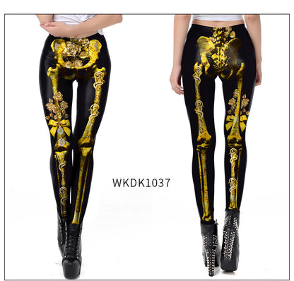 Halloween Pumpkin/Human Skeleton Print Elastic Leggings
