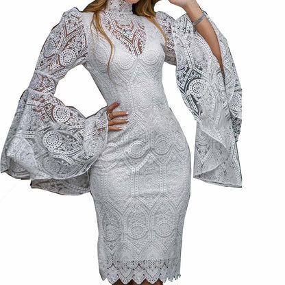 White Lace Trumpet Sleeves Women Party Dresses