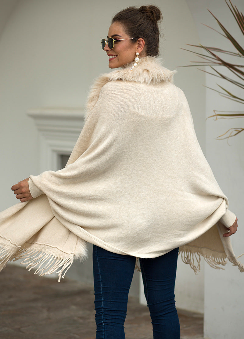 Women Winter Tassels Fur Collar Cardigan Overcoat