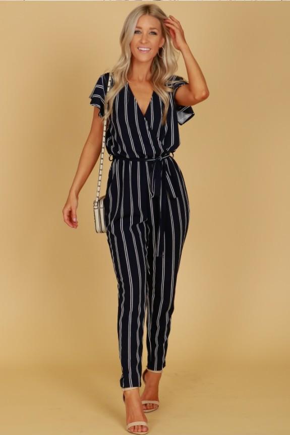Women Striped Backless Short Sleeves Jumpsuits-STYLEGOING