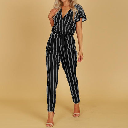 Women Striped Backless Short Sleeves Jumpsuits-STYLEGOING