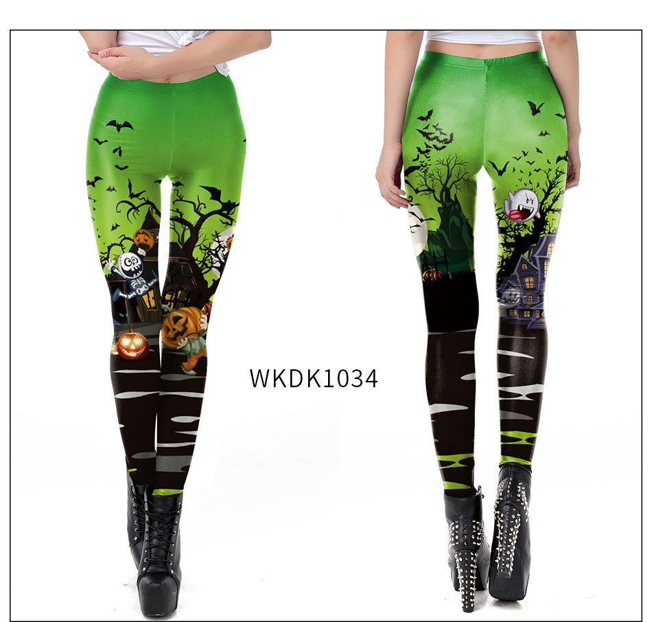 Halloween Pumpkin/Human Skeleton Print Elastic Leggings