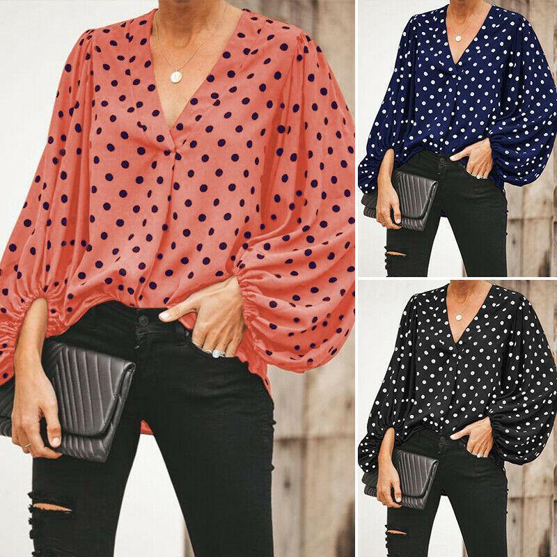 Women V Neck Dot Print Long Sleeves Shirts-STYLEGOING