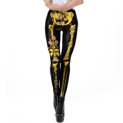 Halloween Pumpkin/Human Skeleton Print Elastic Leggings