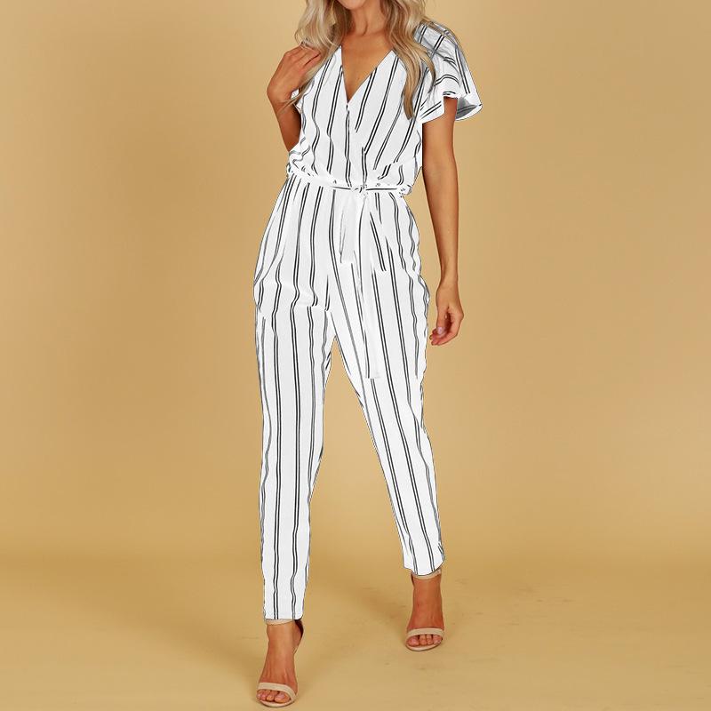 Women Striped Backless Short Sleeves Jumpsuits-STYLEGOING