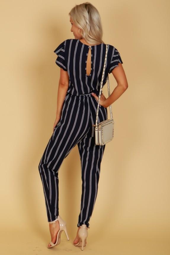 Women Striped Backless Short Sleeves Jumpsuits-STYLEGOING