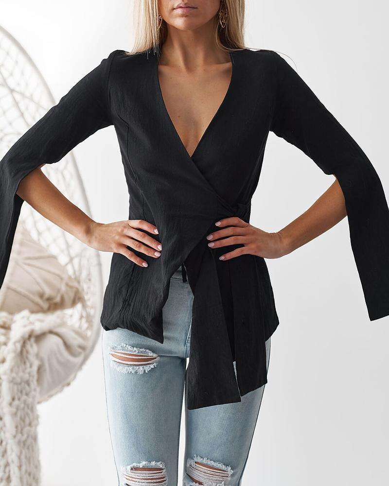 Women V Neck Long Sleeves Designed Shirts-STYLEGOING