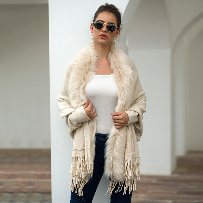 Women Winter Tassels Fur Collar Cardigan Overcoat