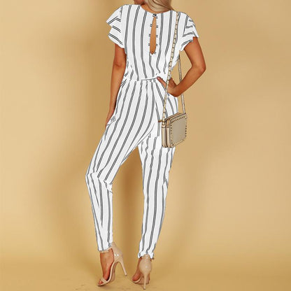 Women Striped Backless Short Sleeves Jumpsuits-STYLEGOING