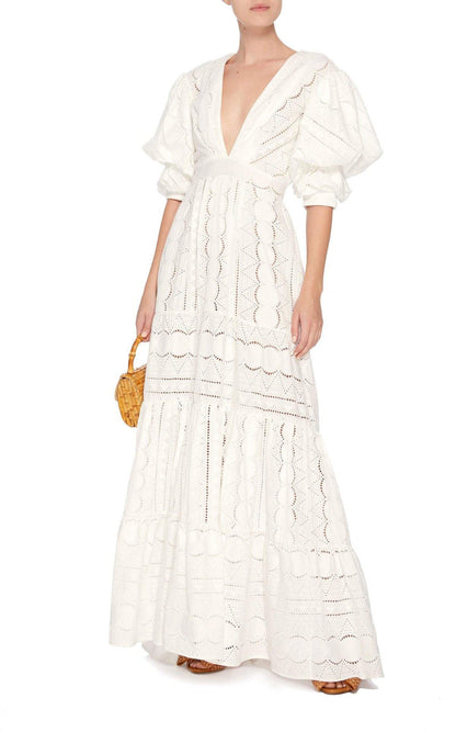 White Short Sleeves Puff Sleeves Long Dresses-STYLEGOING