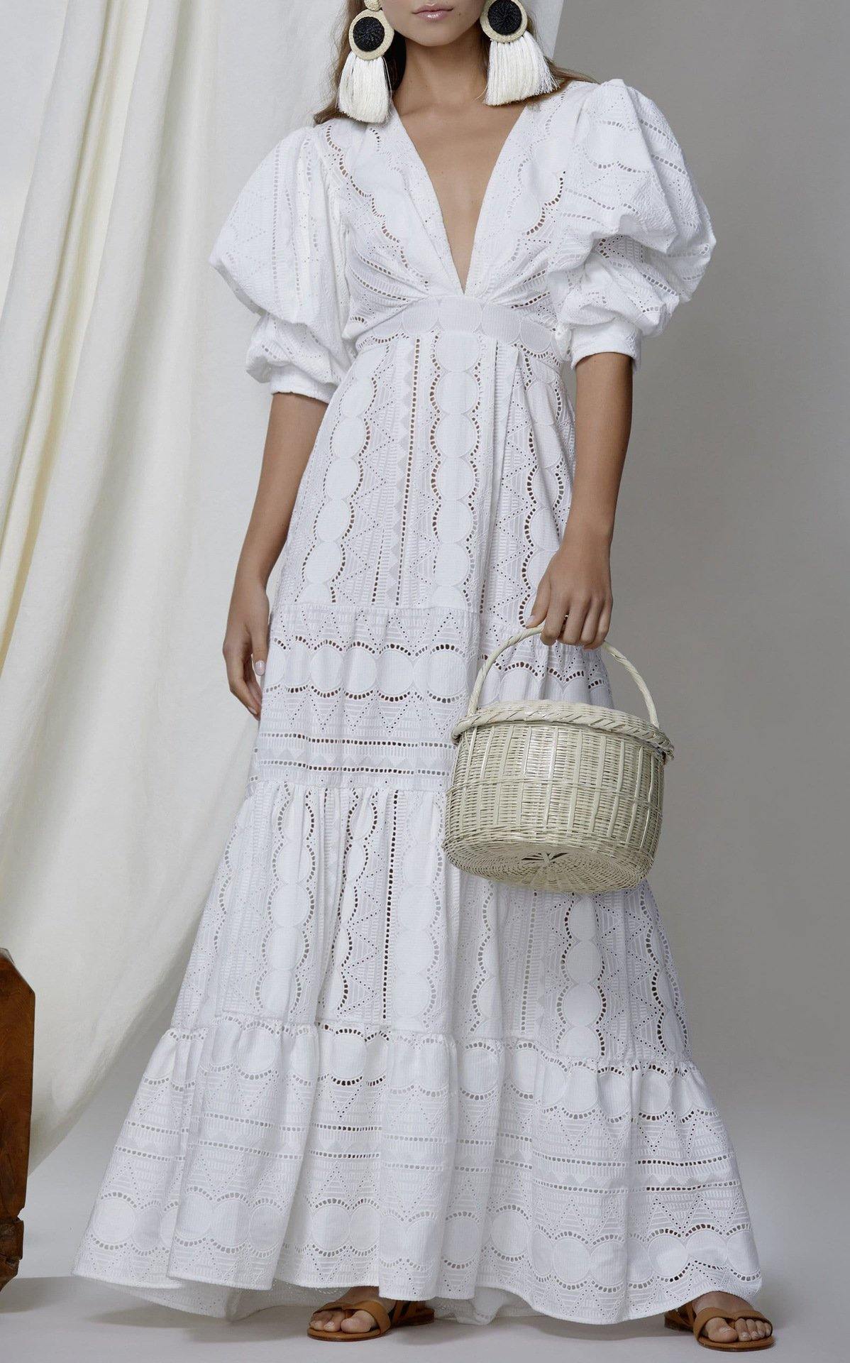 White Short Sleeves Puff Sleeves Long Dresses-STYLEGOING