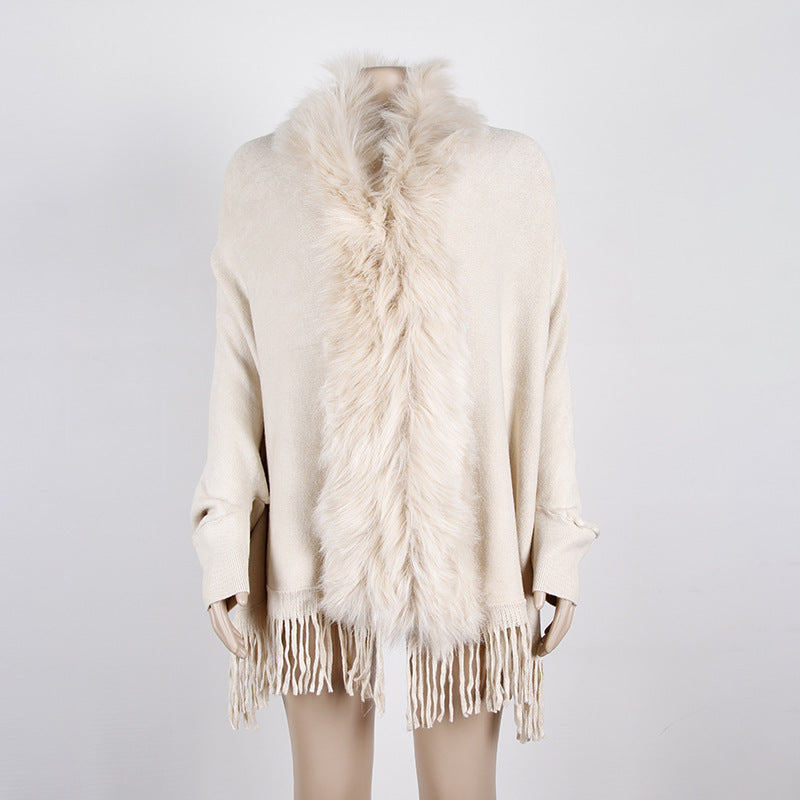 Women Winter Tassels Fur Collar Cardigan Overcoat