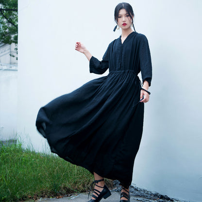 Casual Linen Half Sleeves Drawstring Long Cozy Dresses