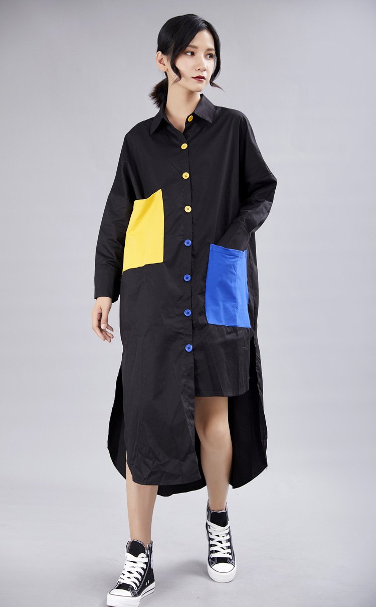 Leisure Long Sleeves Contrast Irregular Fall Shirt Dresses