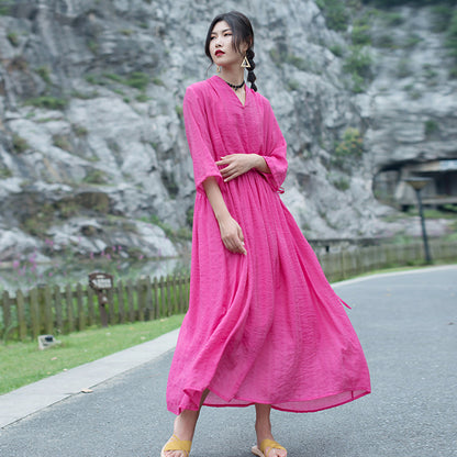 Casual Linen Half Sleeves Drawstring Long Cozy Dresses