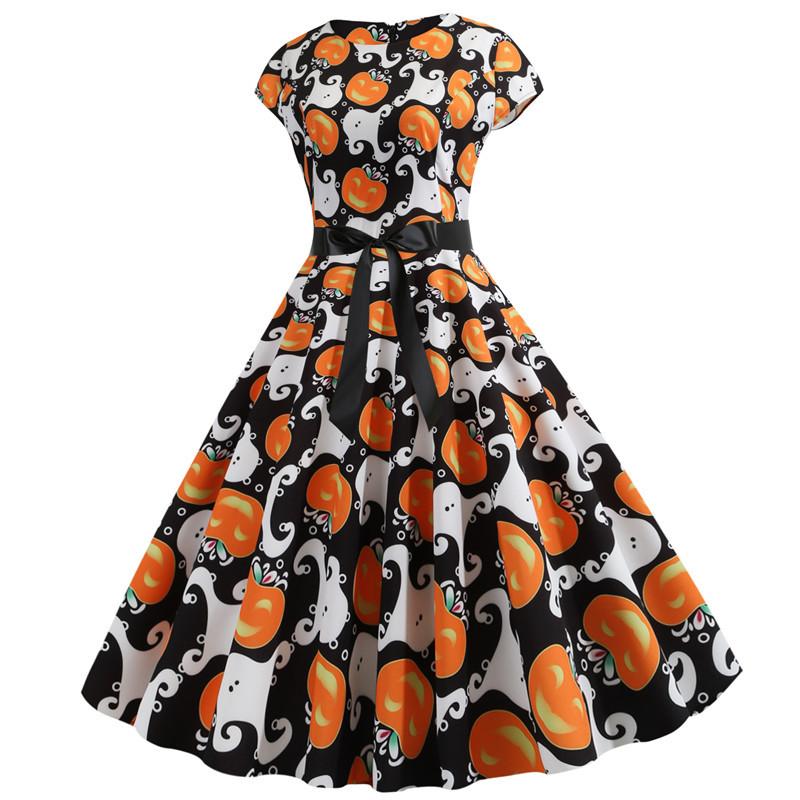 Halloween Pumplin Style Short Sleeves Dresses-STYLEGOING
