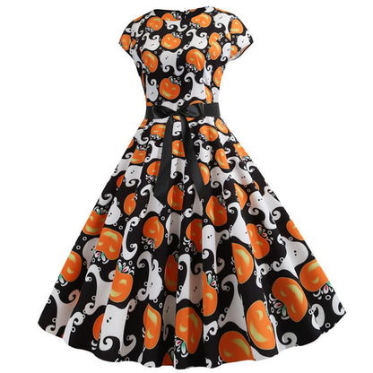 Halloween Pumplin Style Short Sleeves Dresses-STYLEGOING