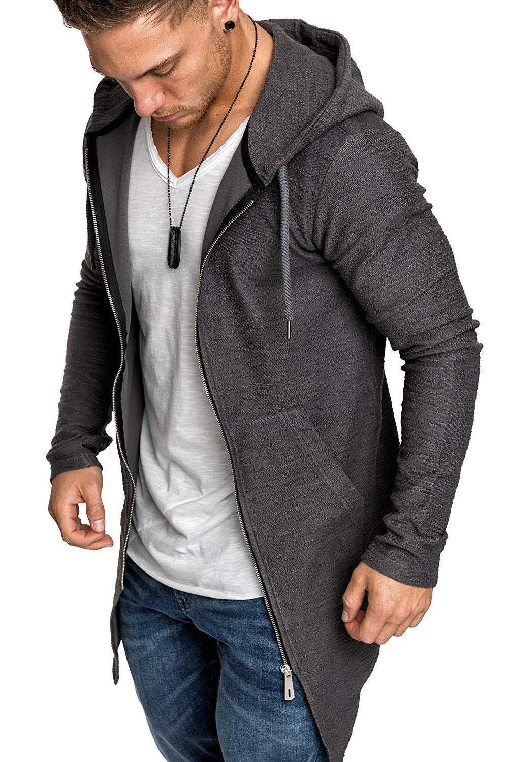 Men Long Sleeves Zipper Long Hoody Overcoat-STYLEGOING