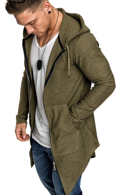 Men Long Sleeves Zipper Long Hoody Overcoat-STYLEGOING