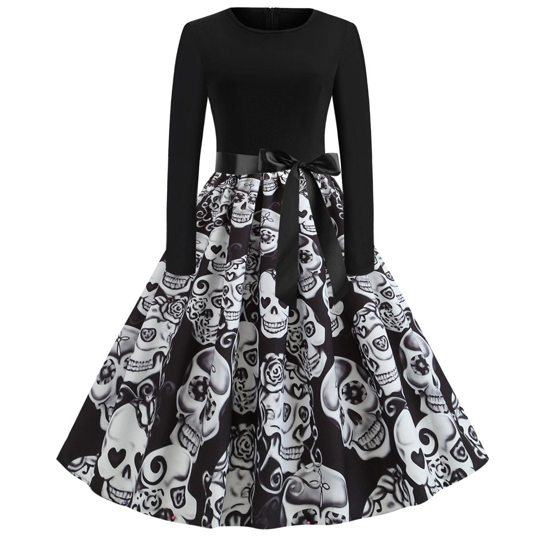 Happy Halloween Long Sleeves Round Neck Vintage Dresses-STYLEGOING
