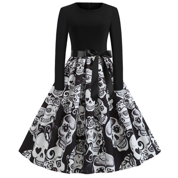 Happy Halloween Long Sleeves Round Neck Vintage Dresses-STYLEGOING
