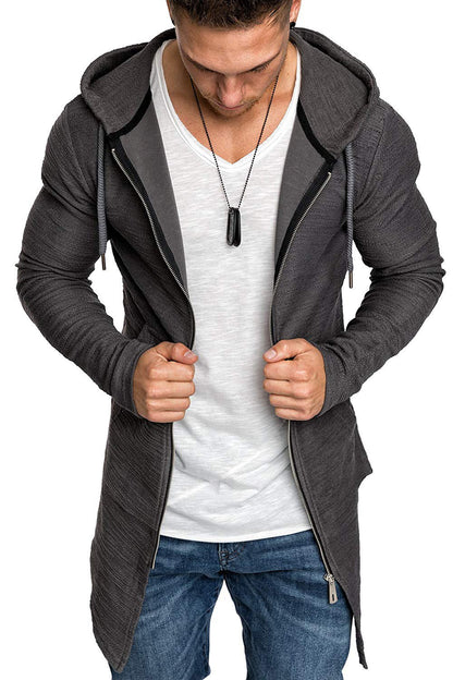 Men Long Sleeves Zipper Long Hoody Overcoat-STYLEGOING
