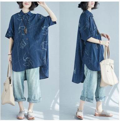 Casual Blue Plus Sizes Short Sleeves Shirts for Women