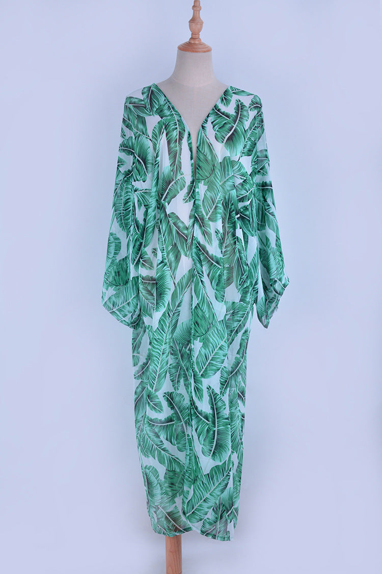 Green Chiffon Palm Leaf Print Holiday Kimono Cover Ups Dresses
