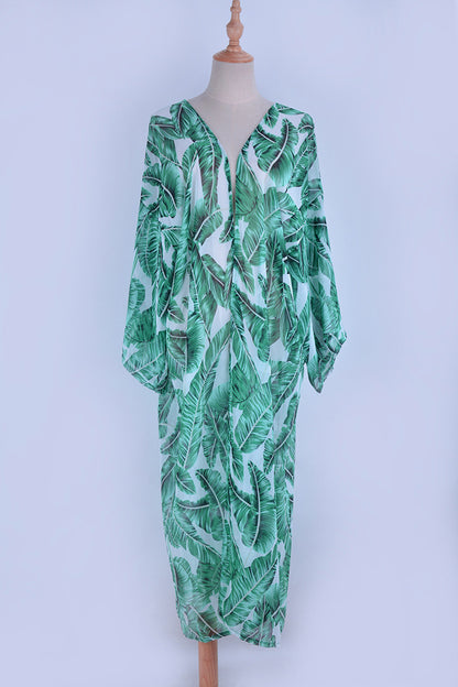 Green Chiffon Palm Leaf Print Holiday Kimono Cover Ups Dresses