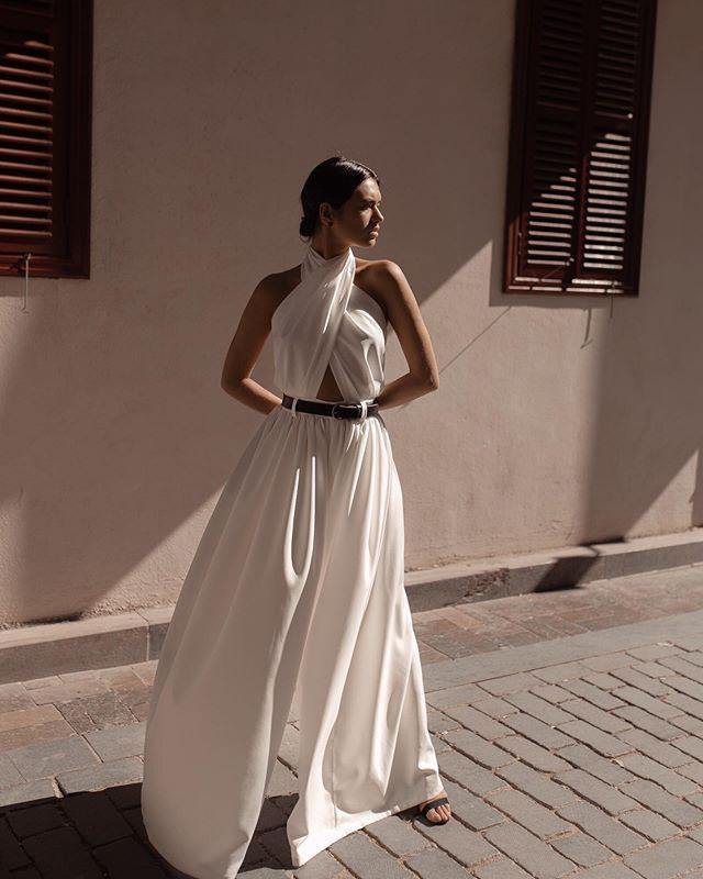 White Sexy Halter Sleevess Backless Jumpsuits-STYLEGOING