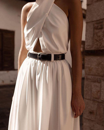 White Sexy Halter Sleevess Backless Jumpsuits-STYLEGOING