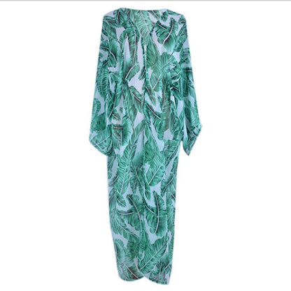 Green Chiffon Palm Leaf Print Holiday Kimono Cover Ups Dresses